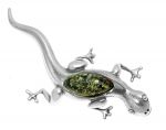 Jaszczurka srebrna broszka z zielonym bursztynem